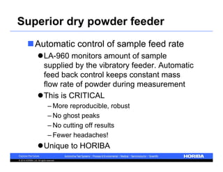 Superior dry powder feeder 
Automatic control of sample feed rate 
LA-960 monitors amount of sample 
supplied by the vibratory feeder. Automatic 
feed back control keeps constant mass 
flow rate of powder during measurement 
This is CRITICAL 
–More reproducible, robust 
– No ghost peaks 
– No cutting off results 
– Fewer headaches! 
Unique to HORIBA 
© 2014 HORIBA, Ltd. All rights reserved. 
 