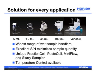 Solution for every application 
5 mL < 2 mL 35 mL 100 mL variable 
 Widest range of wet sample handlers 
 Excellent S/N minimizes sample quantity 
 Unique FractionCell, PasteCell, MiniFlow, 
and Slurry Sampler 
 Temperature Control available 
© 2014 HORIBA, Ltd. All rights reserved. 
 