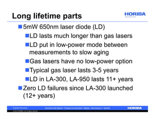 Long lifetime parts 
5mW 650nm laser diode (LD) 
LD lasts much longer than gas lasers 
LD put in low-power mode between 
measurements to slow aging 
Gas lasers have no low-power option 
Typical gas laser lasts 3-5 years 
LD in LA-300, LA-950 lasts 11+ years 
Zero LD failures since LA-300 launched 
(12+ years) 
© 2014 HORIBA, Ltd. All rights reserved. 
 