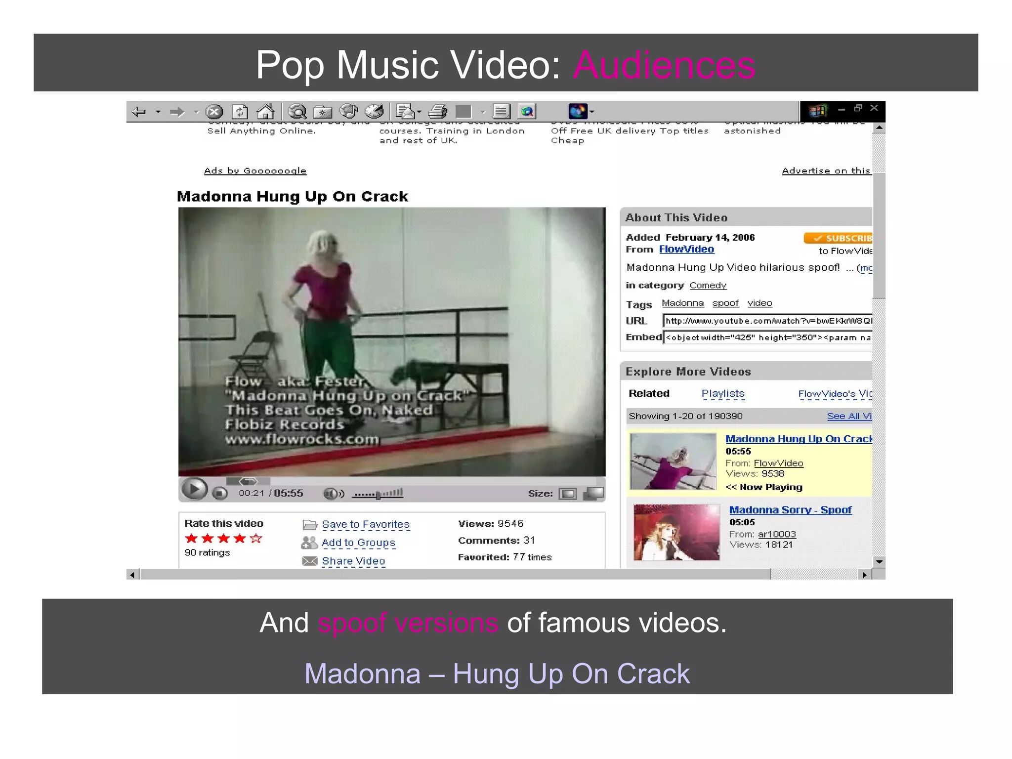 Pop Music Video: Audiences

And spoof versions of famous videos.
Madonna – Hung Up On Crack

 