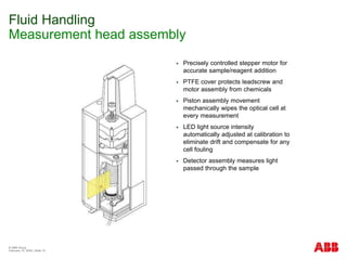 © ABB Group
February 15, 2024 | Slide 15
Fluid Handling
Measurement head assembly
 Precisely controlled stepper motor for
accurate sample/reagent addition
 PTFE cover protects leadscrew and
motor assembly from chemicals
 Piston assembly movement
mechanically wipes the optical cell at
every measurement
 LED light source intensity
automatically adjusted at calibration to
eliminate drift and compensate for any
cell fouling
 Detector assembly measures light
passed through the sample
 