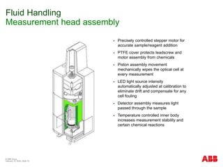 © ABB Group
February 15, 2024 | Slide 16
Fluid Handling
Measurement head assembly
 Precisely controlled stepper motor for
accurate sample/reagent addition
 PTFE cover protects leadscrew and
motor assembly from chemicals
 Piston assembly movement
mechanically wipes the optical cell at
every measurement
 LED light source intensity
automatically adjusted at calibration to
eliminate drift and compensate for any
cell fouling
 Detector assembly measures light
passed through the sample
 Temperature controlled inner body
increases measurement stability and
certain chemical reactions
 