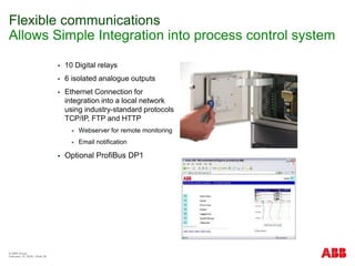 © ABB Group
February 15, 2024 | Slide 38
Flexible communications
Allows Simple Integration into process control system
 10 Digital relays
 6 isolated analogue outputs
 Ethernet Connection for
integration into a local network
using industry-standard protocols
TCP/IP, FTP and HTTP
 Webserver for remote monitoring
 Email notification
 Optional ProfiBus DP1
 