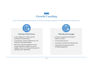 16
Firms will be assigned a growth coach who will lead them through a collaborative and flexible growth coaching process:
Outcomes of this Process What this process is not
o A clear diagnostic of a firm’s growth
challenges and opportunities
o A growth plan, created collaboratively, and
anchored in fact-based insights
o Input into an optional application for the
voucher Selection Committee to receive
funding to focus on solving a priority growth
challenge and/or opportunity
o A process to guarantee the receipt of
financial vouchers
o A “box ticking exercise”
o A prototype or product development plan
o A specialized international growth
consulting engagement
Growth Coaching
 
