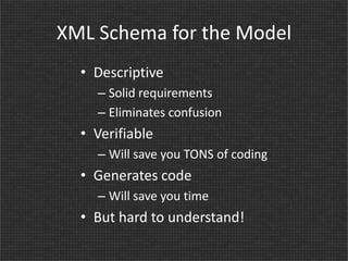 XML Schema for the Model
• Descriptive
– Solid requirements
– Eliminates confusion

• Verifiable
– Will save you TONS of coding

• Generates code
– Will save you time

• But hard to understand!

 