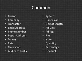Common
•
•
•
•
•
•
•
•
•
•

Person
Company
Transactor
Email Address
Phone Number
Postal Address
Money
Rate
Time span
Audience Profile

•
•
•
•
•
•
•
•
•
•

System
Dimension
Unit of Length
Ad Unit
Ad Tag
File
Note
Quantity
Percentage
Discount

 
