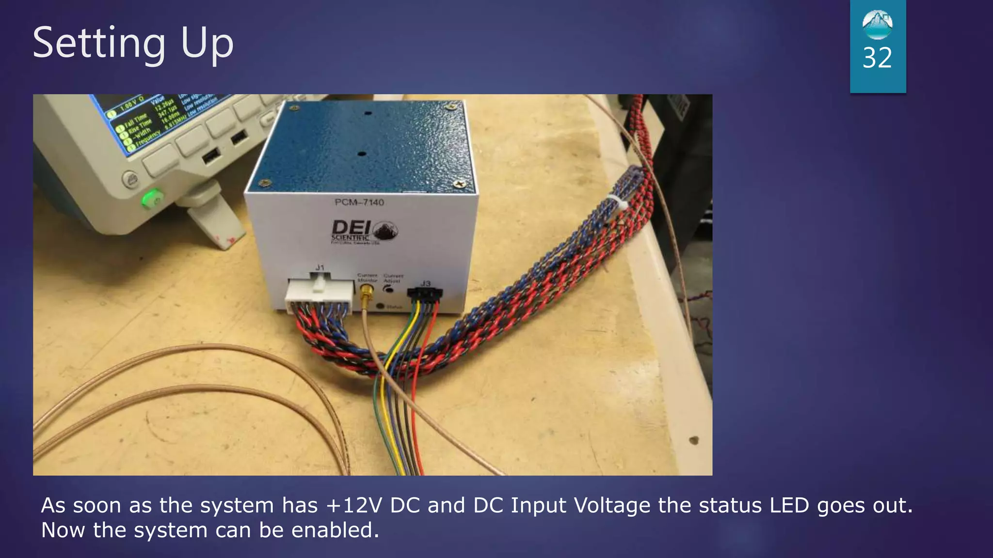 Setting Up 32
As soon as the system has +12V DC and DC Input Voltage the status LED goes out.
Now the system can be enabled.
 