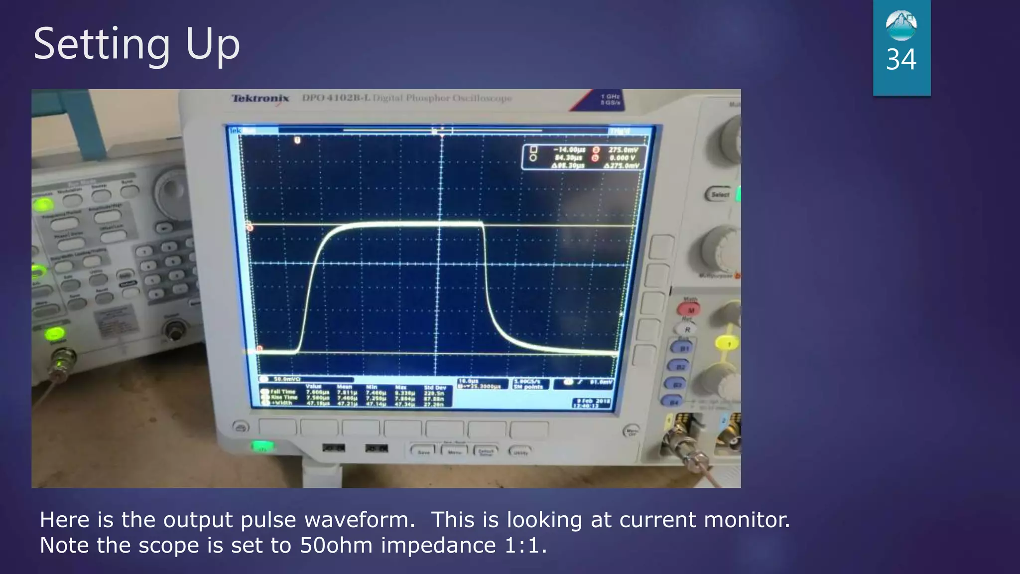 Setting Up 34
Here is the output pulse waveform. This is looking at current monitor.
Note the scope is set to 50ohm impedance 1:1.
 