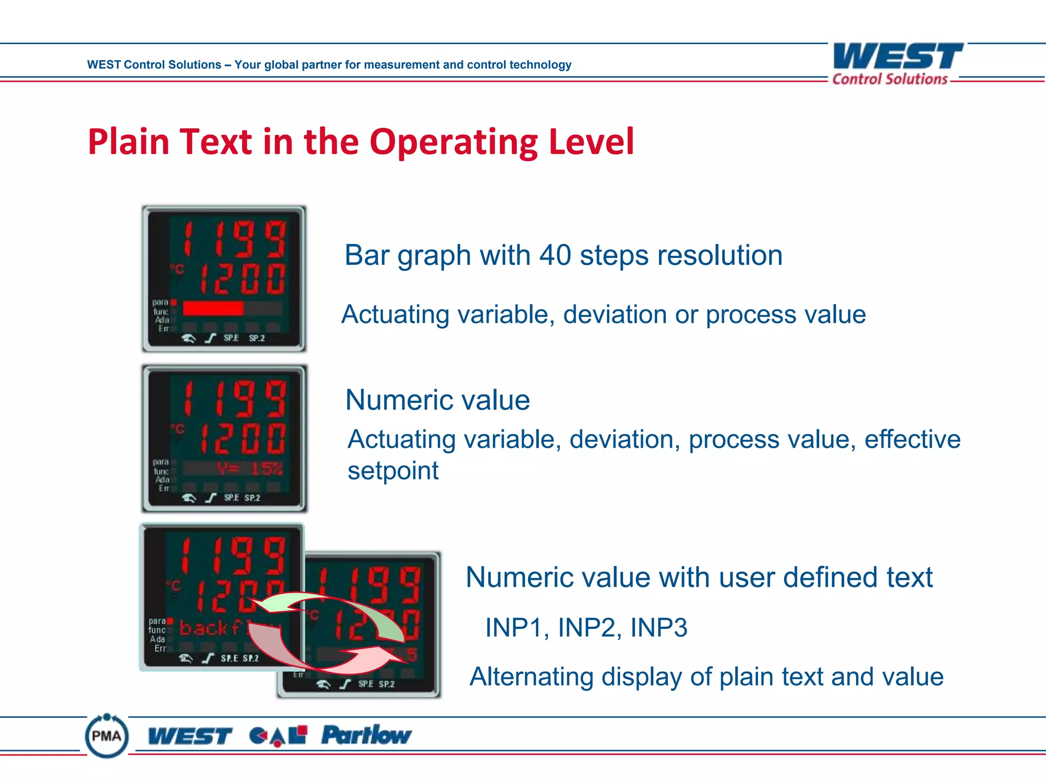 WEST Control Solutions – Your global partner for measurement and control technology




Plain Text in the Operating Level

                                            Bar graph with 40 steps resolution

                                           Actuating variable, deviation or process value


                                            Numeric value
                                            Actuating variable, deviation, process value, effective
                                            setpoint



                                                                Numeric value with user defined text
                                                                    INP1, INP2, INP3
                                                                 Alternating display of plain text and value
 