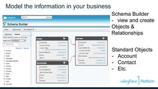 Model the information in your business
Schema Builder
- view and create
Objects &
Relationships
Standard Objects
- Account
- Contact
- Etc.
 