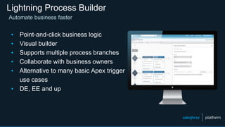 Lightning Process Builder
Automate business faster
▪ Point-and-click business logic
▪ Visual builder
▪ Supports multiple process branches
▪ Collaborate with business owners
▪ Alternative to many basic Apex trigger
use cases
▪ DE, EE and up
 