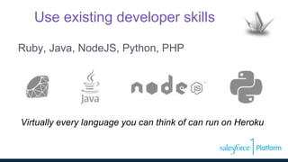 Use existing developer skills
Ruby, Java, NodeJS, Python, PHP
Virtually every language you can think of can run on Heroku
 