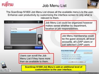 Job Menu List The ScanSnap N1800 Job Menu List shows all the available menu’s to the user. Enhance user productivity by customizing the interface screen to only what is relevant to them. ScanSnap N1800 Job Menu’s add an additional level of customization to the user interface. Job Menu membership could be the guest account, all local accounts, all LDAP users or just selected LDAP users  Job Menu List could be organized however makes sense whether by department, location or job responsibilities. Users can scroll the Job Menu List if they have more than six available to them. 