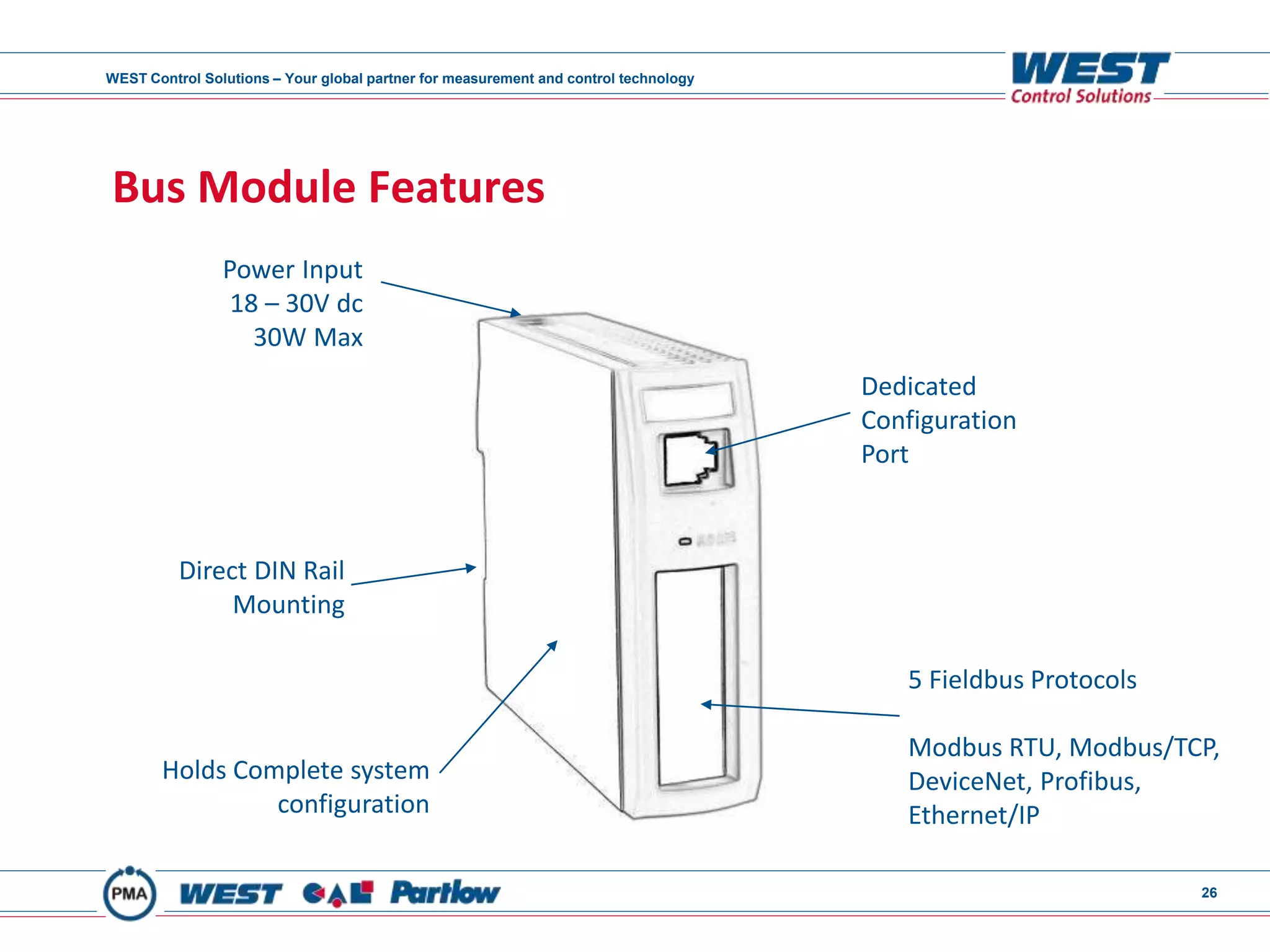 WEST Control Solutions – Your global partner for measurement and control technology
26
Bus Module Features
Dedicated
Configuration
Port
Power Input
18 – 30V dc
30W Max
5 Fieldbus Protocols
Modbus RTU, Modbus/TCP,
DeviceNet, Profibus,
Ethernet/IP
Holds Complete system
configuration
Direct DIN Rail
Mounting
 