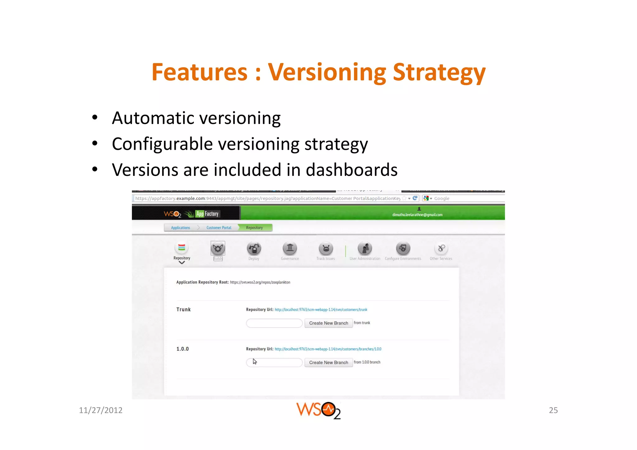 Features : Versioning Strategy
             Features : Versioning Strategy
  • Automatic versioning
    Automatic versioning
  • Configurable versioning strategy
  • Versions are included in dashboards
    Versions are included in dashboards




11/27/2012                                    25
 