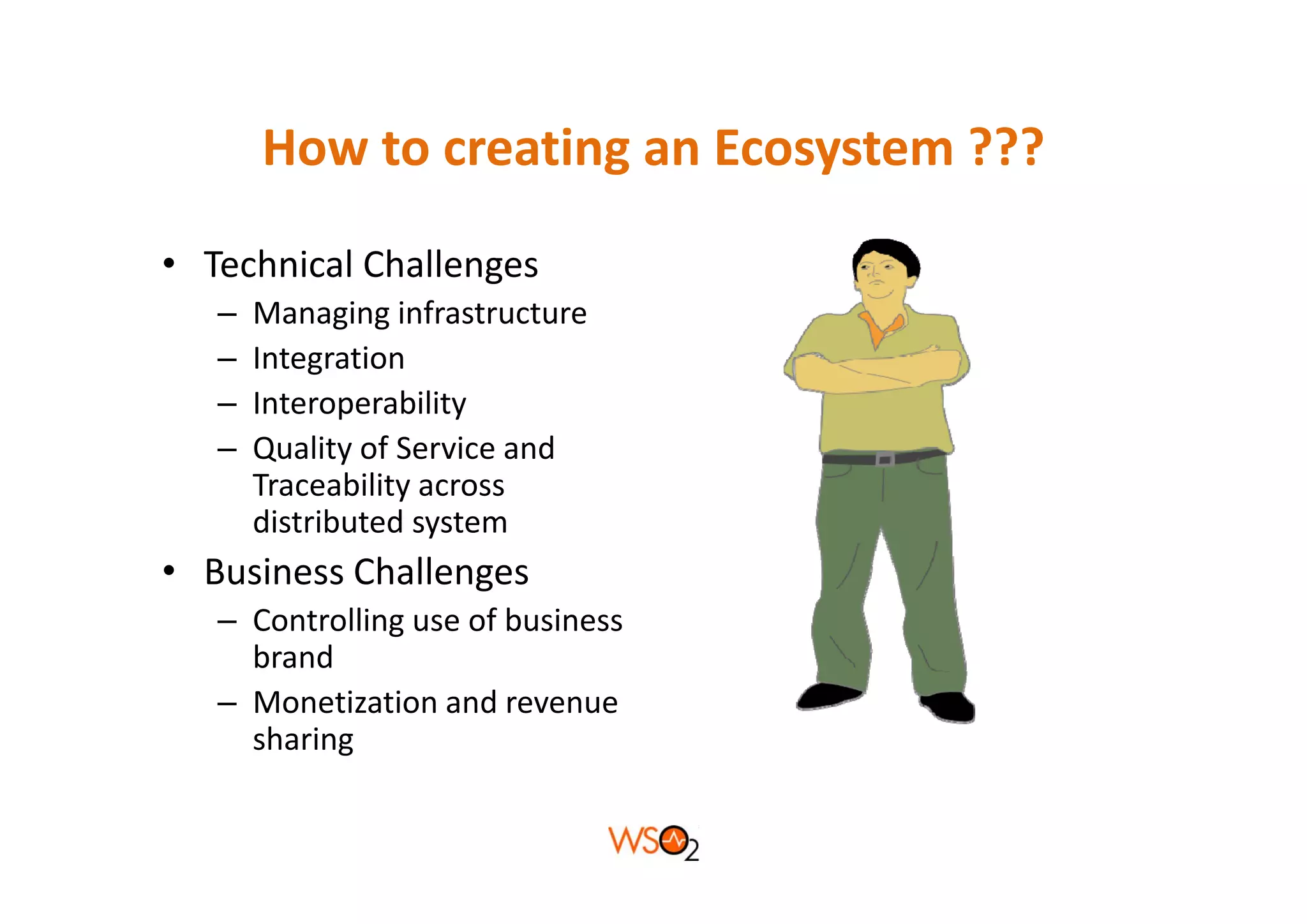 How to creating an Ecosystem ???
       How to creating an Ecosystem ???

• T h i l Ch ll
  Technical Challenges
   –   Managing infrastructure
   –   Integration
   –   Interoperability
   –   Q
       Quality of Service and 
              y
       Traceability across 
       distributed system
• Business Challenges
  Business Challenges
   – Controlling use of business 
     brand
   – Monetization and revenue 
     sharing
 