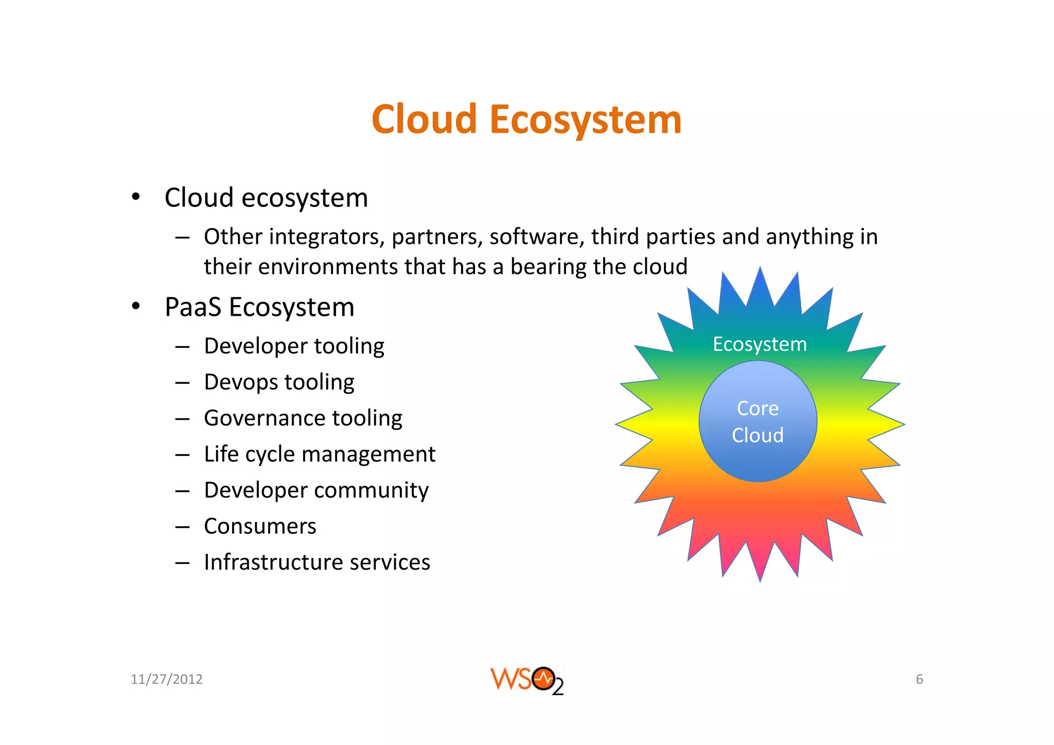 Cloud Ecosystem
                             Cloud Ecosystem
• Cloud ecosystem
  Cloud ecosystem 
      – Other integrators, partners, software, third parties and anything in 
        their environments that has a bearing the cloud
• PaaS Ecosystem 
      –      Developer tooling                             Ecosystem
      –      Devops tooling
      –      Governance tooling                              Core
                                                             Cloud
      –      Life cycle management
             Life cycle management
      –      Developer community
      –      Consumers
      –      Infrastructure services



11/27/2012                                                                      6
 