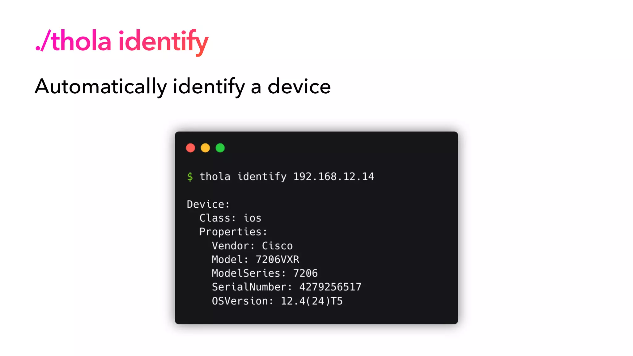 ./thola identify
Automatically identify a device
 