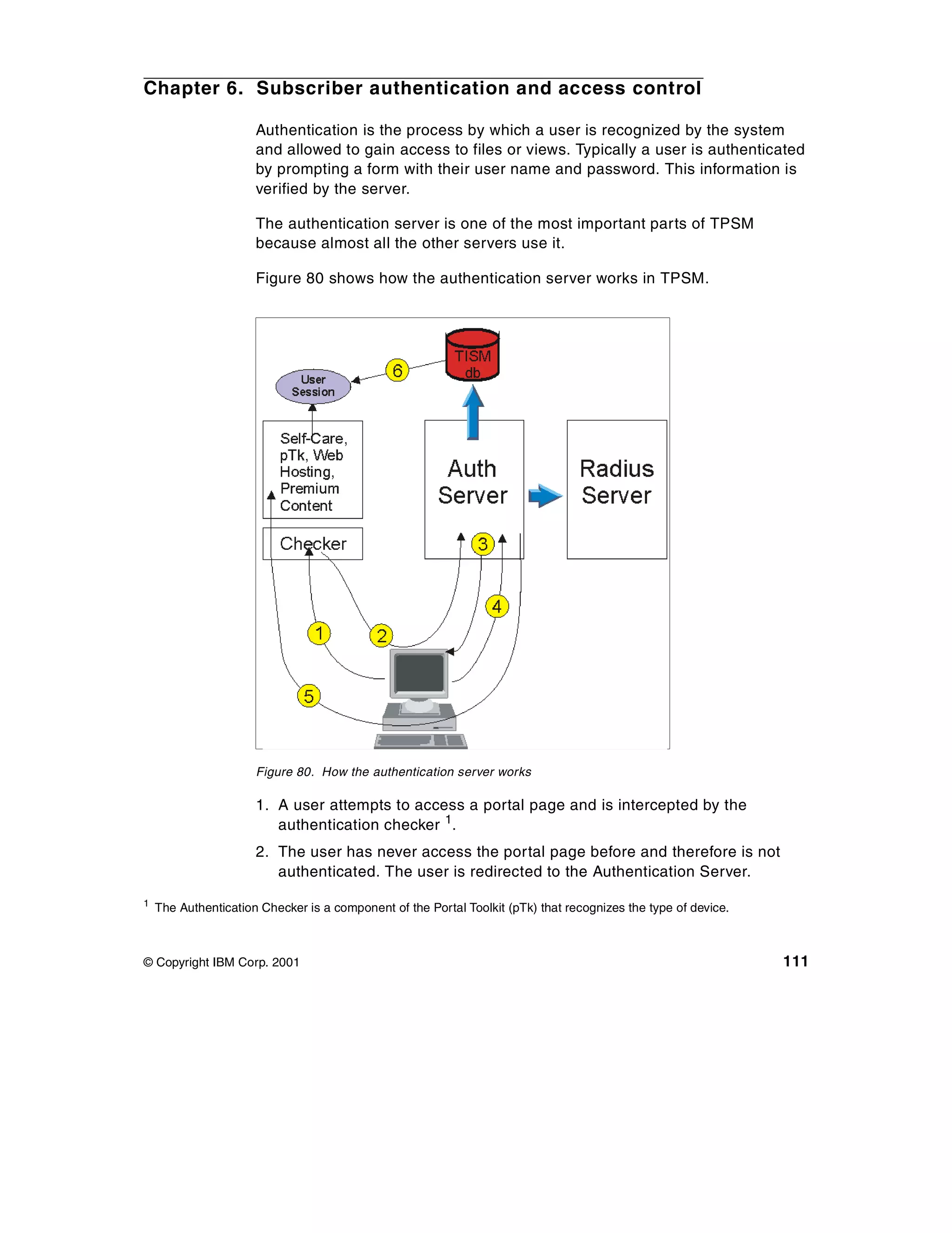 Chapter 6. Subscriber authentication and access control

                      Authentication is the process by which a user is recognized by the system
                      and allowed to gain access to files or views. Typically a user is authenticated
                      by prompting a form with their user name and password. This information is
                      verified by the server.

                      The authentication server is one of the most important parts of TPSM
                      because almost all the other servers use it.

                      Figure 80 shows how the authentication server works in TPSM.




                      Figure 80. How the authentication server works

                      1. A user attempts to access a portal page and is intercepted by the
                         authentication checker 1.
                      2. The user has never access the portal page before and therefore is not
                         authenticated. The user is redirected to the Authentication Server.
1
    The Authentication Checker is a component of the Portal Toolkit (pTk) that recognizes the type of device.



© Copyright IBM Corp. 2001                                                                                      111
 