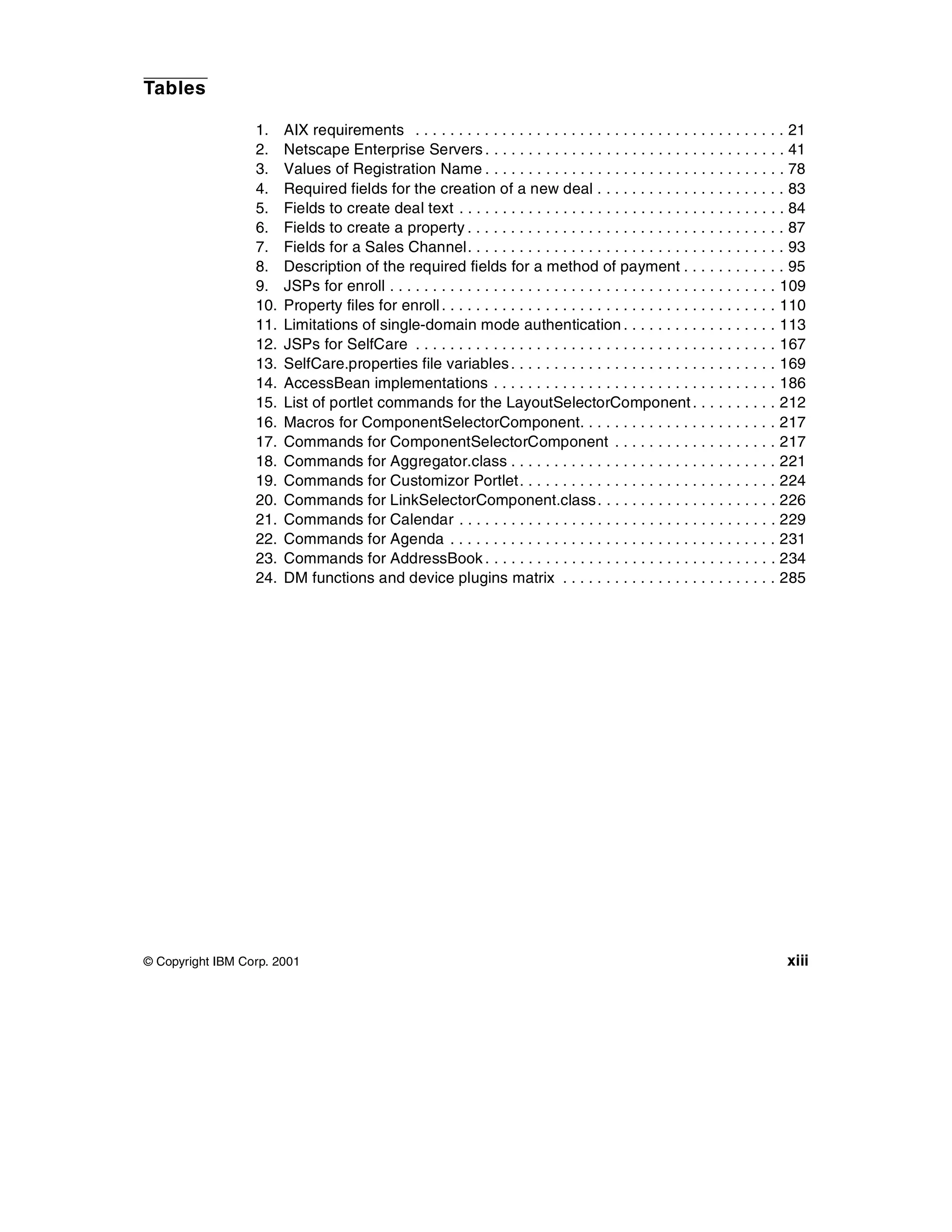 Tables

                  1.    AIX requirements . . . . . . . . . . . . . . . . . . . . . . . . . . . . . . . . . . . . . . . . . . . 21
                  2.    Netscape Enterprise Servers . . . . . . . . . . . . . . . . . . . . . . . . . . . . . . . . . . . 41
                  3.    Values of Registration Name . . . . . . . . . . . . . . . . . . . . . . . . . . . . . . . . . . . 78
                  4.    Required fields for the creation of a new deal . . . . . . . . . . . . . . . . . . . . . . 83
                  5.    Fields to create deal text . . . . . . . . . . . . . . . . . . . . . . . . . . . . . . . . . . . . . . 84
                  6.    Fields to create a property . . . . . . . . . . . . . . . . . . . . . . . . . . . . . . . . . . . . . 87
                  7.    Fields for a Sales Channel. . . . . . . . . . . . . . . . . . . . . . . . . . . . . . . . . . . . . 93
                  8.    Description of the required fields for a method of payment . . . . . . . . . . . . 95
                  9.    JSPs for enroll . . . . . . . . . . . . . . . . . . . . . . . . . . . . . . . . . . . . . . . . . . . . . 109
                  10.   Property files for enroll . . . . . . . . . . . . . . . . . . . . . . . . . . . . . . . . . . . . . . . 110
                  11.   Limitations of single-domain mode authentication . . . . . . . . . . . . . . . . . . 113
                  12.   JSPs for SelfCare . . . . . . . . . . . . . . . . . . . . . . . . . . . . . . . . . . . . . . . . . . 167
                  13.   SelfCare.properties file variables . . . . . . . . . . . . . . . . . . . . . . . . . . . . . . . 169
                  14.   AccessBean implementations . . . . . . . . . . . . . . . . . . . . . . . . . . . . . . . . . 186
                  15.   List of portlet commands for the LayoutSelectorComponent . . . . . . . . . . 212
                  16.   Macros for ComponentSelectorComponent. . . . . . . . . . . . . . . . . . . . . . . 217
                  17.   Commands for ComponentSelectorComponent . . . . . . . . . . . . . . . . . . . 217
                  18.   Commands for Aggregator.class . . . . . . . . . . . . . . . . . . . . . . . . . . . . . . . 221
                  19.   Commands for Customizor Portlet. . . . . . . . . . . . . . . . . . . . . . . . . . . . . . 224
                  20.   Commands for LinkSelectorComponent.class . . . . . . . . . . . . . . . . . . . . . 226
                  21.   Commands for Calendar . . . . . . . . . . . . . . . . . . . . . . . . . . . . . . . . . . . . . 229
                  22.   Commands for Agenda . . . . . . . . . . . . . . . . . . . . . . . . . . . . . . . . . . . . . . 231
                  23.   Commands for AddressBook . . . . . . . . . . . . . . . . . . . . . . . . . . . . . . . . . . 234
                  24.   DM functions and device plugins matrix . . . . . . . . . . . . . . . . . . . . . . . . . 285




© Copyright IBM Corp. 2001                                                                                                       xiii
 