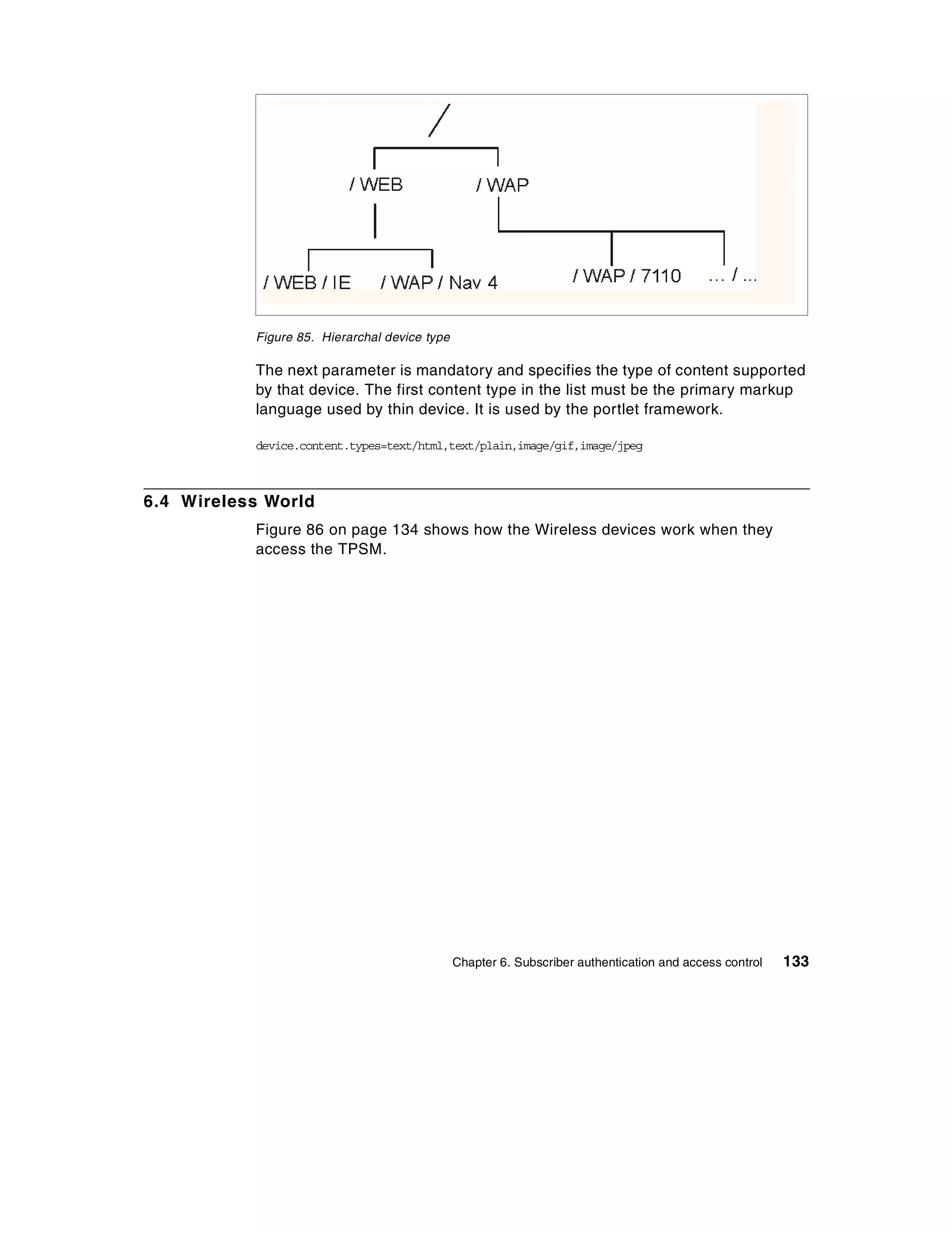 Figure 85. Hierarchal device type

           The next parameter is mandatory and specifies the type of content supported
           by that device. The first content type in the list must be the primary markup
           language used by thin device. It is used by the portlet framework.

           device.content.types=text/html,text/plain,image/gif,image/jpeg



6.4 Wireless World
           Figure 86 on page 134 shows how the Wireless devices work when they
           access the TPSM.




                                               Chapter 6. Subscriber authentication and access control   133
 