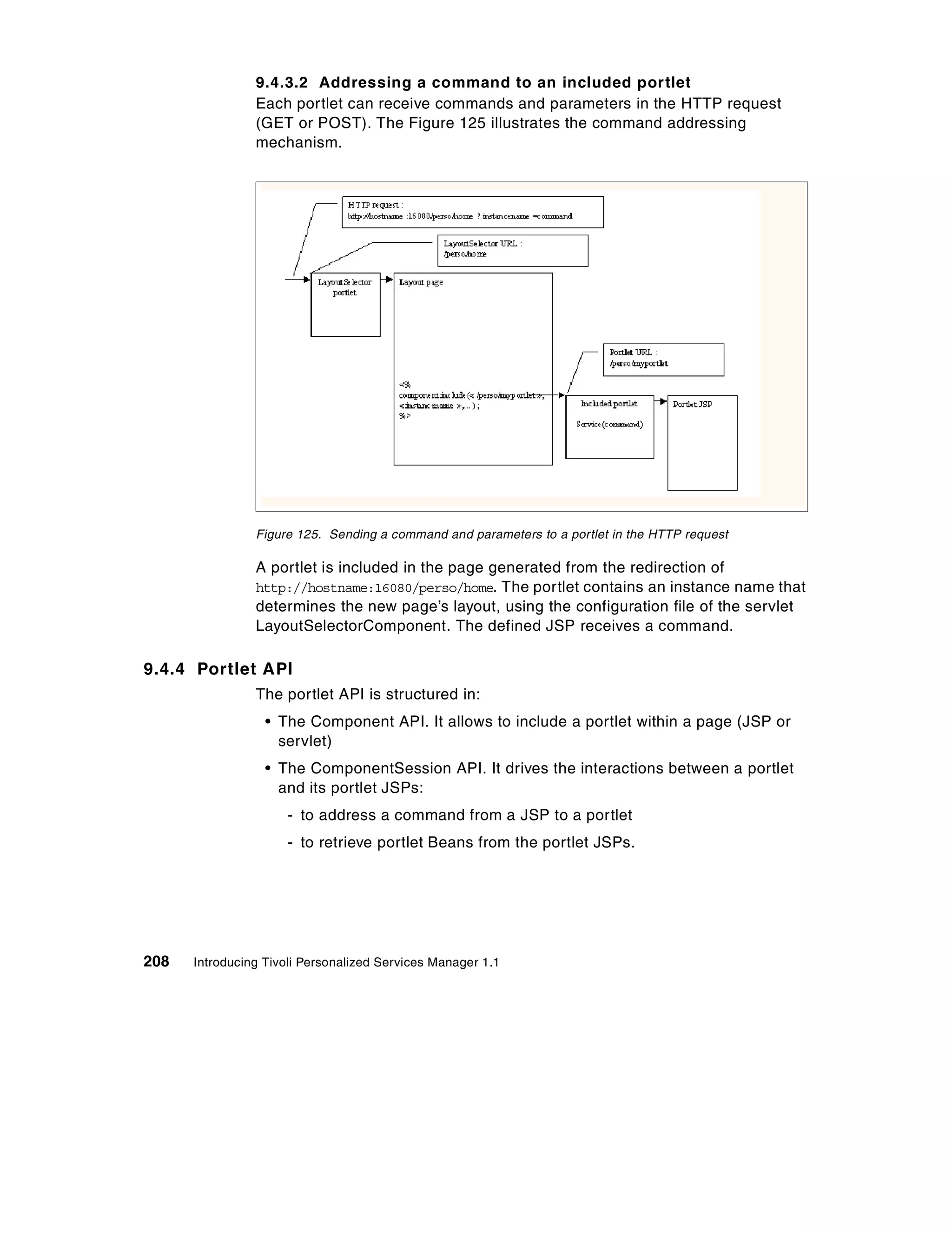 9.4.3.2 Addressing a command to an included portlet
                Each portlet can receive commands and parameters in the HTTP request
                (GET or POST). The Figure 125 illustrates the command addressing
                mechanism.




                Figure 125. Sending a command and parameters to a portlet in the HTTP request

                A portlet is included in the page generated from the redirection of
                http://hostname:16080/perso/home. The portlet contains an instance name that
                determines the new page’s layout, using the configuration file of the servlet
                LayoutSelectorComponent. The defined JSP receives a command.

9.4.4 Portlet API
                The portlet API is structured in:
                  • The Component API. It allows to include a portlet within a page (JSP or
                    servlet)
                  • The ComponentSession API. It drives the interactions between a portlet
                    and its portlet JSPs:
                     - to address a command from a JSP to a portlet
                     - to retrieve portlet Beans from the portlet JSPs.




208   Introducing Tivoli Personalized Services Manager 1.1
 