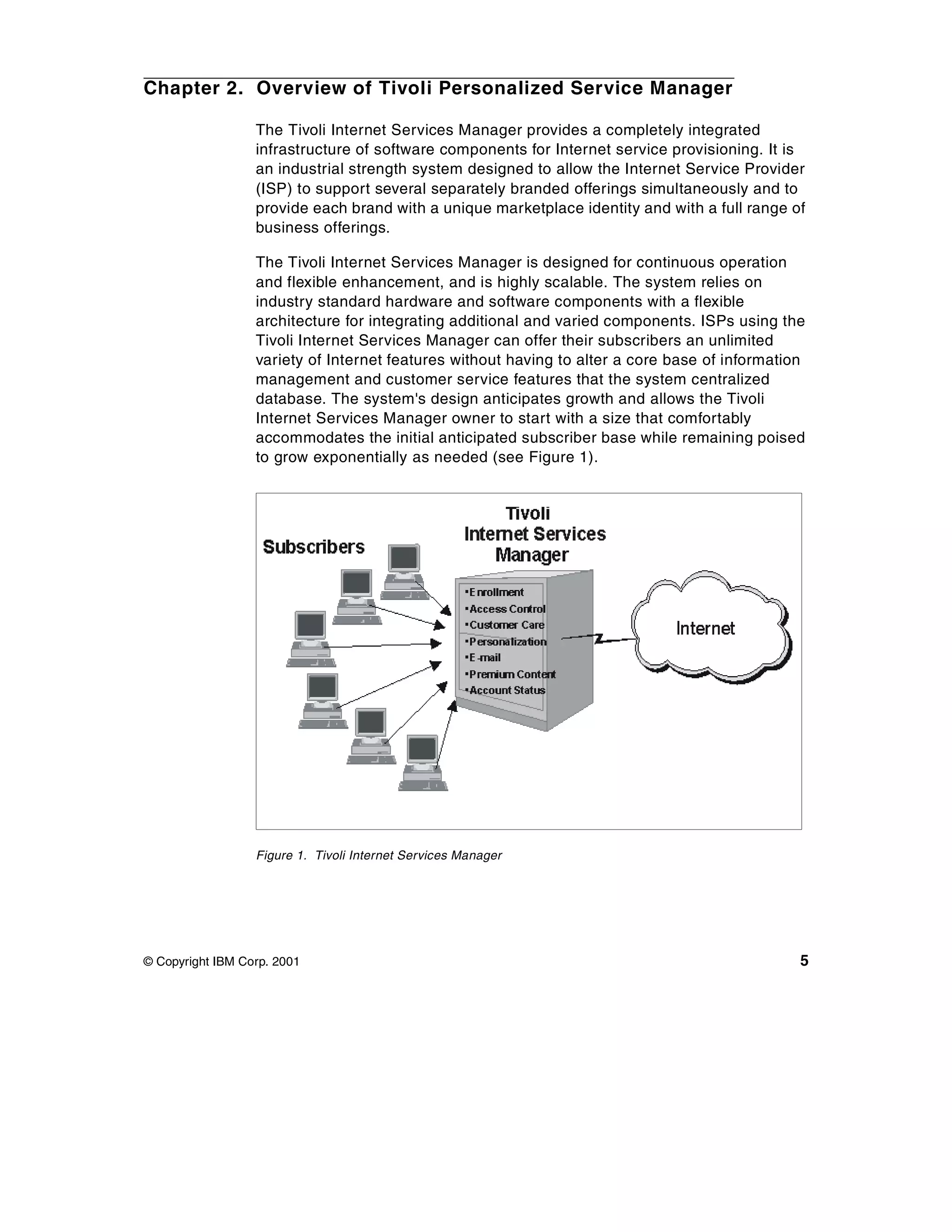 Chapter 2. Overview of Tivoli Personalized Service Manager

                  The Tivoli Internet Services Manager provides a completely integrated
                  infrastructure of software components for Internet service provisioning. It is
                  an industrial strength system designed to allow the Internet Service Provider
                  (ISP) to support several separately branded offerings simultaneously and to
                  provide each brand with a unique marketplace identity and with a full range of
                  business offerings.

                  The Tivoli Internet Services Manager is designed for continuous operation
                  and flexible enhancement, and is highly scalable. The system relies on
                  industry standard hardware and software components with a flexible
                  architecture for integrating additional and varied components. ISPs using the
                  Tivoli Internet Services Manager can offer their subscribers an unlimited
                  variety of Internet features without having to alter a core base of information
                  management and customer service features that the system centralized
                  database. The system's design anticipates growth and allows the Tivoli
                  Internet Services Manager owner to start with a size that comfortably
                  accommodates the initial anticipated subscriber base while remaining poised
                  to grow exponentially as needed (see Figure 1).




                  Figure 1. Tivoli Internet Services Manager




© Copyright IBM Corp. 2001                                                                      5
 