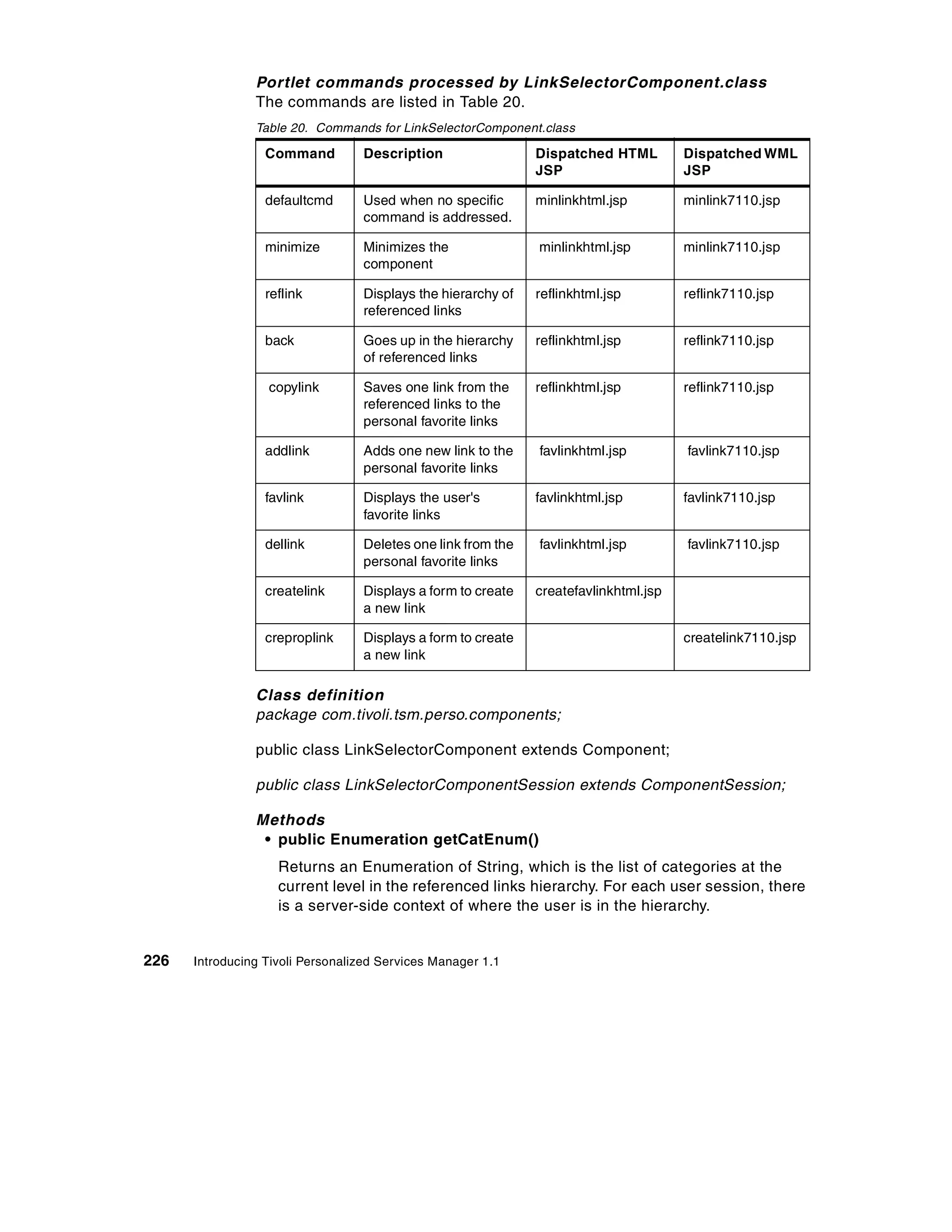 Portlet commands processed by LinkSelectorComponent.class
                The commands are listed in Table 20.
                Table 20. Commands for LinkSelectorComponent.class

                  Command         Description                 Dispatched HTML         Dispatched WML
                                                              JSP                     JSP

                  defaultcmd      Used when no specific       minlinkhtml.jsp         minlink7110.jsp
                                  command is addressed.

                  minimize        Minimizes the               minlinkhtml.jsp         minlink7110.jsp
                                  component

                  reflink         Displays the hierarchy of   reflinkhtml.jsp         reflink7110.jsp
                                  referenced links

                  back            Goes up in the hierarchy    reflinkhtml.jsp         reflink7110.jsp
                                  of referenced links

                  copylink        Saves one link from the     reflinkhtml.jsp         reflink7110.jsp
                                  referenced links to the
                                  personal favorite links

                  addlink         Adds one new link to the    favlinkhtml.jsp         favlink7110.jsp
                                  personal favorite links

                  favlink         Displays the user's         favlinkhtml.jsp         favlink7110.jsp
                                  favorite links

                  dellink         Deletes one link from the   favlinkhtml.jsp         favlink7110.jsp
                                  personal favorite links

                  createlink      Displays a form to create   createfavlinkhtml.jsp
                                  a new link

                  creproplink     Displays a form to create                           createlink7110.jsp
                                  a new link

                Class definition
                package com.tivoli.tsm.perso.components;

                public class LinkSelectorComponent extends Component;

                public class LinkSelectorComponentSession extends ComponentSession;

                Methods
                 • public Enumeration getCatEnum()
                    Returns an Enumeration of String, which is the list of categories at the
                    current level in the referenced links hierarchy. For each user session, there
                    is a server-side context of where the user is in the hierarchy.


226   Introducing Tivoli Personalized Services Manager 1.1
 