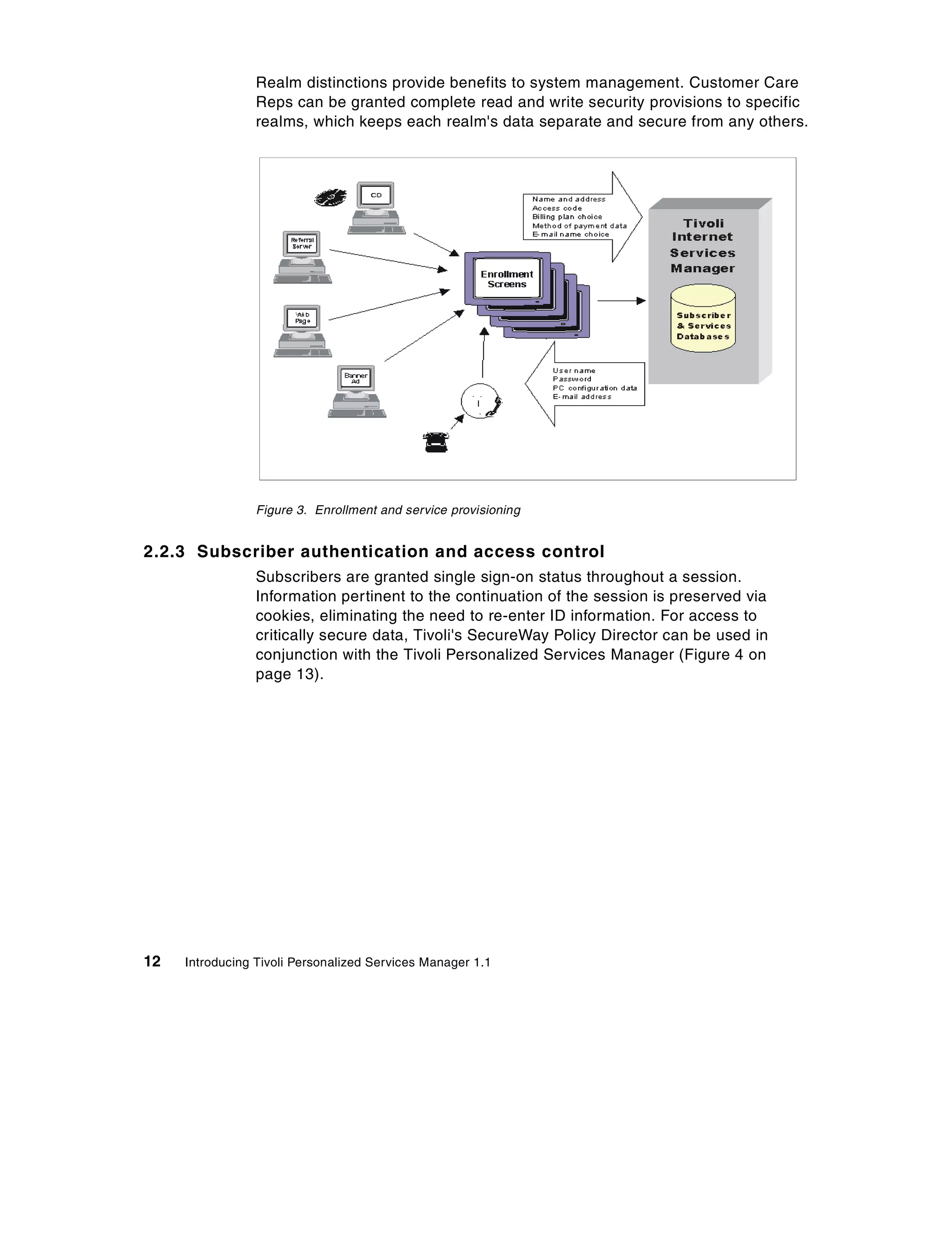 Realm distinctions provide benefits to system management. Customer Care
                 Reps can be granted complete read and write security provisions to specific
                 realms, which keeps each realm's data separate and secure from any others.




                 Figure 3. Enrollment and service provisioning


2.2.3 Subscriber authentication and access control
                 Subscribers are granted single sign-on status throughout a session.
                 Information pertinent to the continuation of the session is preserved via
                 cookies, eliminating the need to re-enter ID information. For access to
                 critically secure data, Tivoli's SecureWay Policy Director can be used in
                 conjunction with the Tivoli Personalized Services Manager (Figure 4 on
                 page 13).




12   Introducing Tivoli Personalized Services Manager 1.1
 