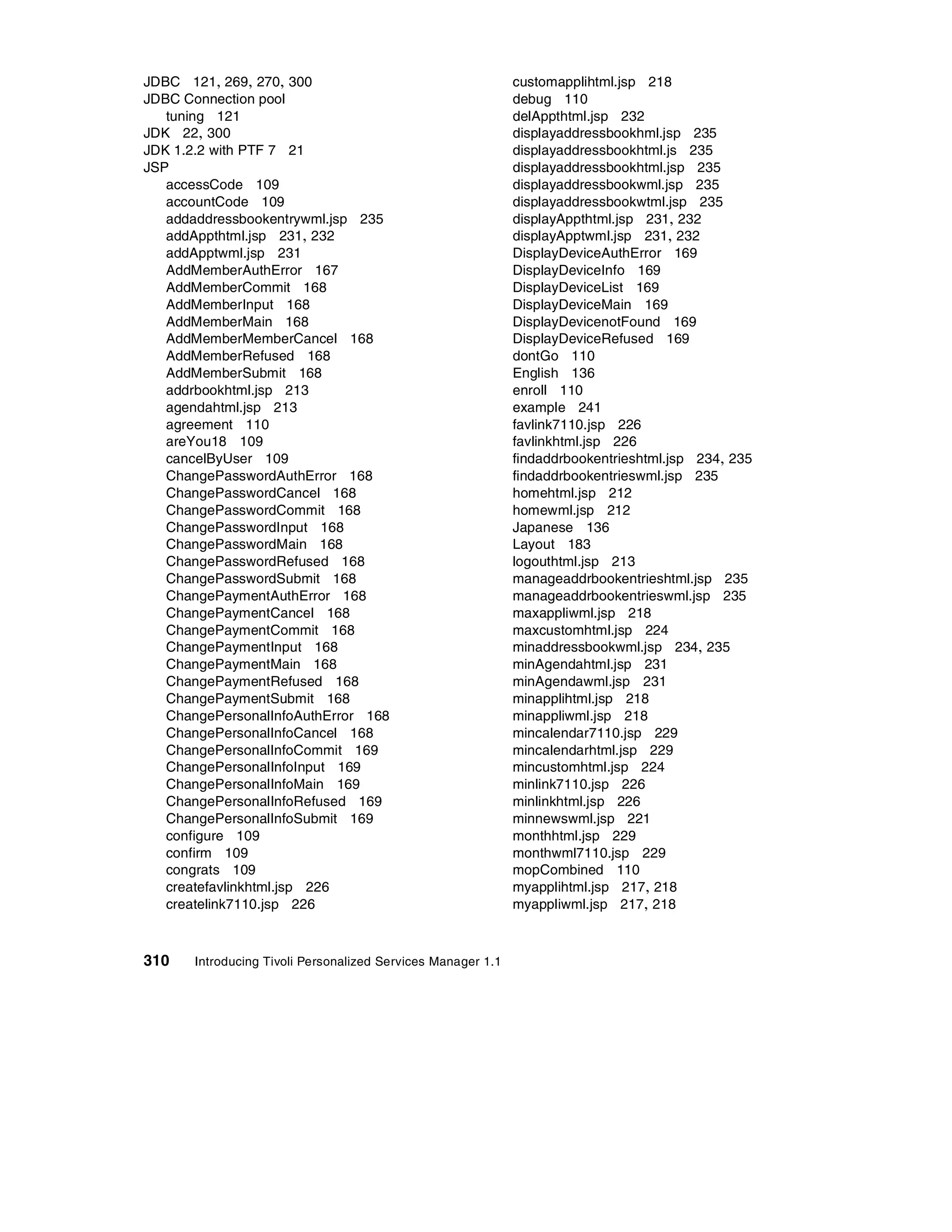 JDBC 121, 269, 270, 300                                       customapplihtml.jsp 218
JDBC Connection pool                                          debug 110
   tuning 121                                                 delAppthtml.jsp 232
JDK 22, 300                                                   displayaddressbookhml.jsp 235
JDK 1.2.2 with PTF 7 21                                       displayaddressbookhtml.js 235
JSP                                                           displayaddressbookhtml.jsp 235
   accessCode 109                                             displayaddressbookwml.jsp 235
   accountCode 109                                            displayaddressbookwtml.jsp 235
   addaddressbookentrywml.jsp 235                             displayAppthtml.jsp 231, 232
   addAppthtml.jsp 231, 232                                   displayApptwml.jsp 231, 232
   addApptwml.jsp 231                                         DisplayDeviceAuthError 169
   AddMemberAuthError 167                                     DisplayDeviceInfo 169
   AddMemberCommit 168                                        DisplayDeviceList 169
   AddMemberInput 168                                         DisplayDeviceMain 169
   AddMemberMain 168                                          DisplayDevicenotFound 169
   AddMemberMemberCancel 168                                  DisplayDeviceRefused 169
   AddMemberRefused 168                                       dontGo 110
   AddMemberSubmit 168                                        English 136
   addrbookhtml.jsp 213                                       enroll 110
   agendahtml.jsp 213                                         example 241
   agreement 110                                              favlink7110.jsp 226
   areYou18 109                                               favlinkhtml.jsp 226
   cancelByUser 109                                           findaddrbookentrieshtml.jsp 234, 235
   ChangePasswordAuthError 168                                findaddrbookentrieswml.jsp 235
   ChangePasswordCancel 168                                   homehtml.jsp 212
   ChangePasswordCommit 168                                   homewml.jsp 212
   ChangePasswordInput 168                                    Japanese 136
   ChangePasswordMain 168                                     Layout 183
   ChangePasswordRefused 168                                  logouthtml.jsp 213
   ChangePasswordSubmit 168                                   manageaddrbookentrieshtml.jsp 235
   ChangePaymentAuthError 168                                 manageaddrbookentrieswml.jsp 235
   ChangePaymentCancel 168                                    maxappliwml.jsp 218
   ChangePaymentCommit 168                                    maxcustomhtml.jsp 224
   ChangePaymentInput 168                                     minaddressbookwml.jsp 234, 235
   ChangePaymentMain 168                                      minAgendahtml.jsp 231
   ChangePaymentRefused 168                                   minAgendawml.jsp 231
   ChangePaymentSubmit 168                                    minapplihtml.jsp 218
   ChangePersonalInfoAuthError 168                            minappliwml.jsp 218
   ChangePersonalInfoCancel 168                               mincalendar7110.jsp 229
   ChangePersonalInfoCommit 169                               mincalendarhtml.jsp 229
   ChangePersonalInfoInput 169                                mincustomhtml.jsp 224
   ChangePersonalInfoMain 169                                 minlink7110.jsp 226
   ChangePersonalInfoRefused 169                              minlinkhtml.jsp 226
   ChangePersonalInfoSubmit 169                               minnewswml.jsp 221
   configure 109                                              monthhtml.jsp 229
   confirm 109                                                monthwml7110.jsp 229
   congrats 109                                               mopCombined 110
   createfavlinkhtml.jsp 226                                  myapplihtml.jsp 217, 218
   createlink7110.jsp 226                                     myappliwml.jsp 217, 218



310    Introducing Tivoli Personalized Services Manager 1.1
 