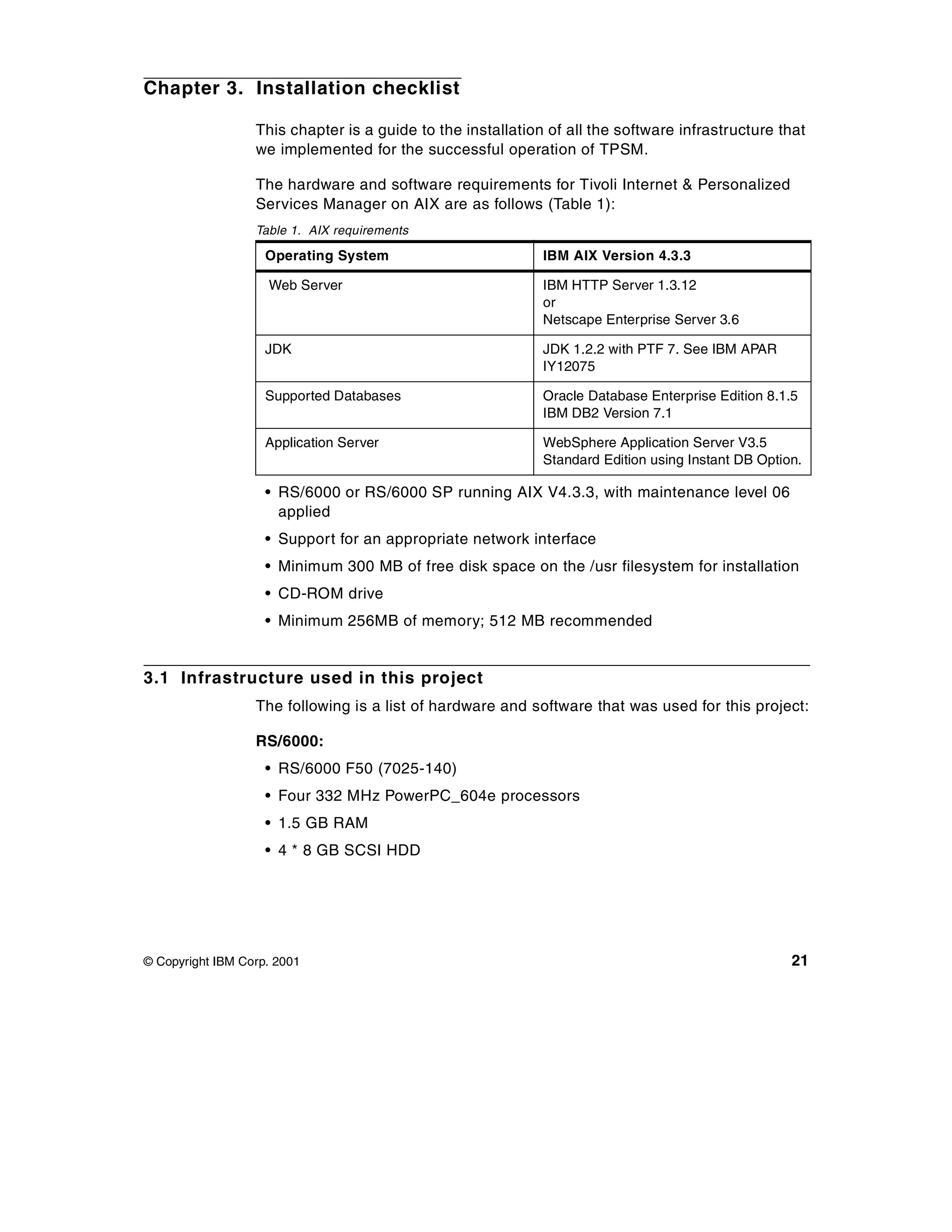 Chapter 3. Installation checklist

                  This chapter is a guide to the installation of all the software infrastructure that
                  we implemented for the successful operation of TPSM.

                  The hardware and software requirements for Tivoli Internet & Personalized
                  Services Manager on AIX are as follows (Table 1):
                  Table 1. AIX requirements

                    Operating System                         IBM AIX Version 4.3.3

                    Web Server                               IBM HTTP Server 1.3.12
                                                             or
                                                             Netscape Enterprise Server 3.6

                    JDK                                      JDK 1.2.2 with PTF 7. See IBM APAR
                                                             IY12075

                    Supported Databases                      Oracle Database Enterprise Edition 8.1.5
                                                             IBM DB2 Version 7.1

                    Application Server                       WebSphere Application Server V3.5
                                                             Standard Edition using Instant DB Option.

                    • RS/6000 or RS/6000 SP running AIX V4.3.3, with maintenance level 06
                      applied
                    • Support for an appropriate network interface
                    • Minimum 300 MB of free disk space on the /usr filesystem for installation
                    • CD-ROM drive
                    • Minimum 256MB of memory; 512 MB recommended


3.1 Infrastructure used in this project
                  The following is a list of hardware and software that was used for this project:

                  RS/6000:
                    • RS/6000 F50 (7025-140)
                    • Four 332 MHz PowerPC_604e processors
                    • 1.5 GB RAM
                    • 4 * 8 GB SCSI HDD




© Copyright IBM Corp. 2001                                                                          21
 
