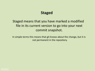 S02E02
Three main sections of a Git project
• The Git directory
• The working directory
• The staging area
 