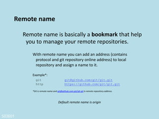 S03E01
Git branch
A branch represents an independent line of
development.
$ git checkout <existing-branch>
$ git checkout -b <new-branch>
 