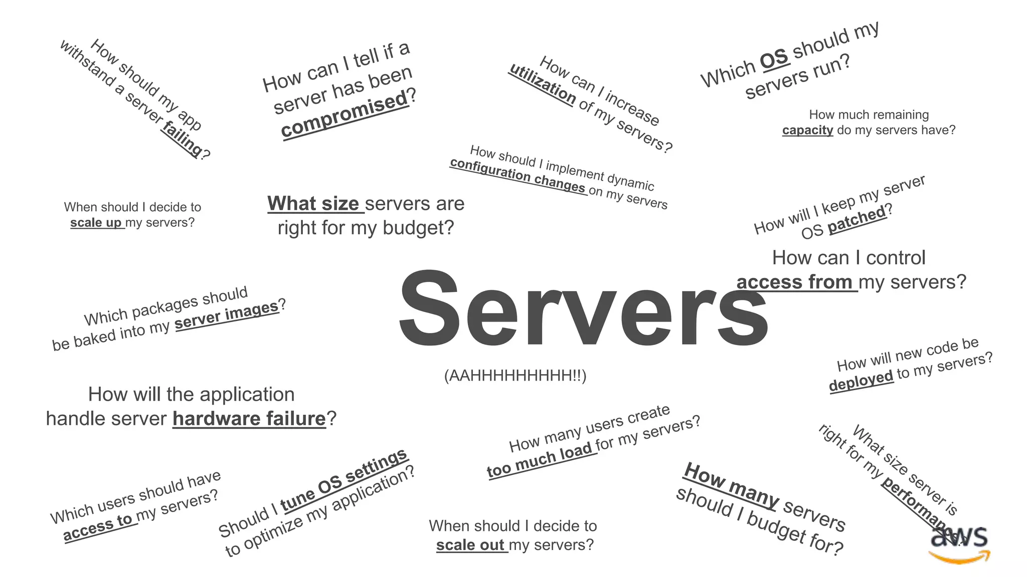 Servers How will the application handle server hardware failure? How can I control access from my servers? When should I decide to scale out my servers? When should I decide to scale up my servers? What size servers are right for my budget? How much remaining capacity do my servers have? (AAHHHHHHHHH!!) 