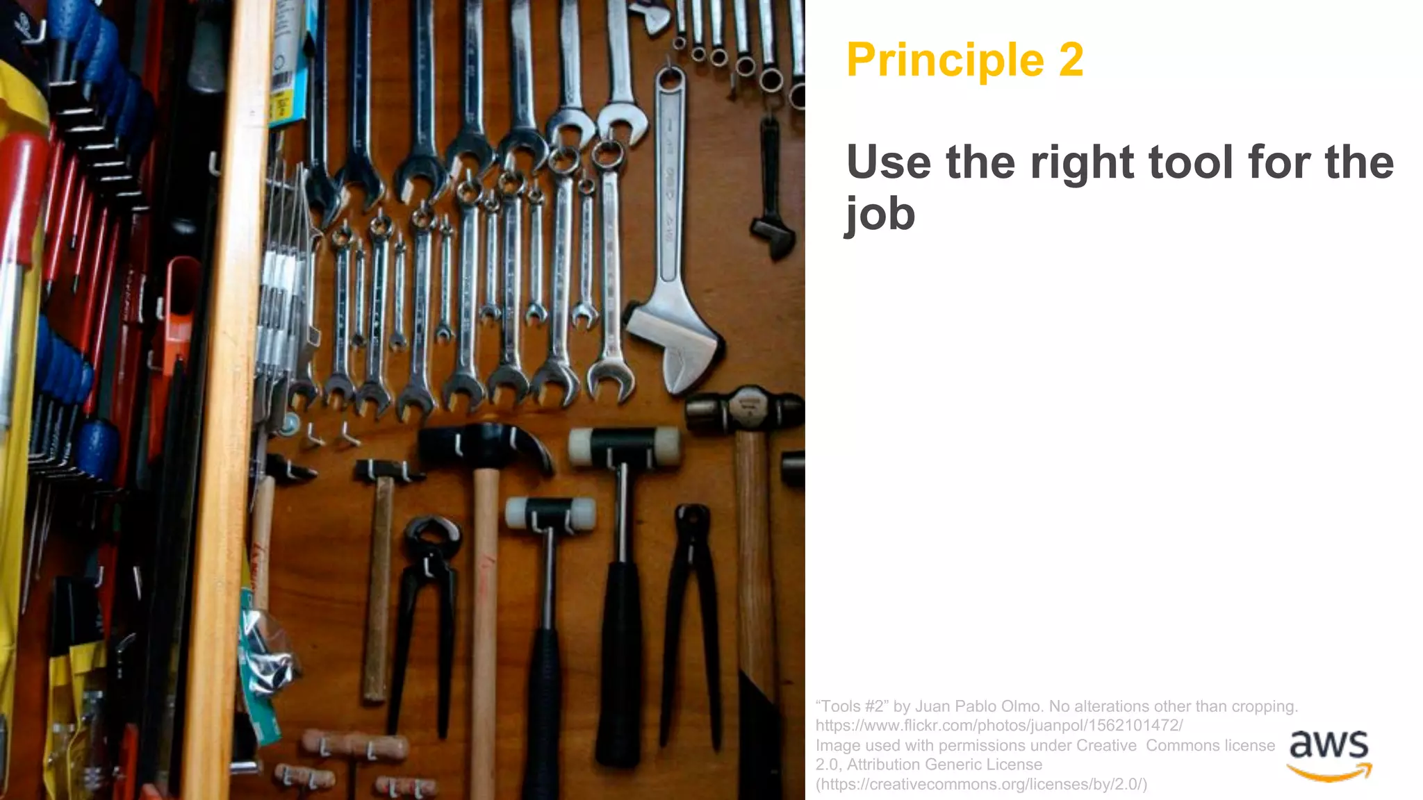 Principle 2 Use the right tool for the job “Tools #2” by Juan Pablo Olmo. No alterations other than cropping. https://www.flickr.com/photos/juanpol/1562101472/ Image used with permissions under Creative Commons license 2.0, Attribution Generic License (https://creativecommons.org/licenses/by/2.0/) 