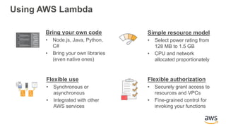 Using AWS Lambda
Bring your own code
• Node.js, Java, Python,
C#
• Bring your own libraries
(even native ones)
Simple resource model
• Select power rating from
128 MB to 1.5 GB
• CPU and network
allocated proportionately
Flexible use
• Synchronous or
asynchronous
• Integrated with other
AWS services
Flexible authorization
• Securely grant access to
resources and VPCs
• Fine-grained control for
invoking your functions
 