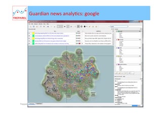 Use	
  Case	
  1:	
  Performing	
  small	
  to	
  large	
  scale	
  SWOT	
  
analysis	
  (on	
  AstraZeneca	
  patents)	
  
SWOT	
  analysis	
  example	
  
	
  

Start	
  with	
  removing	
  irrelevant	
  
patents	
  using	
  Classiﬁca8on	
  and	
  
Filtering	
  to	
  determine:	
  

•  Who	
  are	
  the	
  important	
  players	
  
(assignees,	
  inventors)?	
  
•  Where	
  are	
  the	
  important	
  patents	
  
ﬁled	
  (countries)?	
  
•  What	
  is	
  the	
  trend	
  over	
  Bme	
  (growth	
  
of	
  patents	
  over	
  the	
  years)?	
  
•  NB:	
  we	
  used	
  a	
  (very)	
  simple	
  query	
  to	
  
ﬁnd	
  986	
  patents	
  ﬁled	
  under	
  
Astrazeneca.	
  
	
  	
  

Patent	
  
Database	
  

Queries	
  

+10.000 patents

Ranking	
  

Filtering	
  

Ranking	
  

Filtering	
  

986 patents

29 patents

Ranking	
  

Filtering	
  

Business	
  
User	
  
	
  
	
  

Treparel KMX – All rights reserved 2014

Output

 