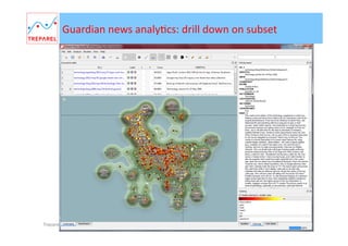 Use	
  Case	
  2:	
  
Concept	
  detecBon	
  using	
  document	
  classiﬁcaBon	
  
Extrac8ng	
  concepts	
  in	
  context	
  from	
  classiﬁca8on	
  of	
  documents	
  
1.  VisualizaBon	
  à	
  mulBple	
  topic	
  
clusters	
  
2.  Select	
  cluster	
  à	
  select	
  documents	
  
with	
  similar	
  topics	
  
3.  Select	
  training	
  documents	
  within	
  
the	
  sub-­‐cluster	
  
4.  Build	
  Classiﬁer	
  and	
  classify	
  
5.  Rank	
  documents	
  à	
  ﬁnd	
  set	
  of	
  
documents	
  with	
  related	
  concepts	
  
6.  Extract	
  concepts	
  

KMX Example: ‘Ebola, SARS, Bird flue: How do they relate?’

Treparel KMX – All rights reserved 2014

Page	
  20	
  |	
  	
  

20

 