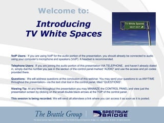 Welcome to: Introducing  TV White Spaces VoIP Users:  If you are using VoIP for the audio portion of the presentation, you should already be connected to audio using your computer’s microphone and speakers (VoIP). A headset is recommended. Telephone Users:  If you are joining the audio portion of this presentation VIA TELEPHONE,  and haven’t already dialed in, simply dial the number you see in the section of the control panel marked “AUDIO” and use the access and pin codes provided there. Questions:  We will address questions at the conclusion of this webinar. You may send your questions to us ANYTIME throughout the presentation-- via the text chat tool in the control panel, titled “QUESTIONS”. Viewing Tip: At any time throughout the presentation you may MINIMIZE the CONTROL PANEL and view just the presentation screen by clicking on the small double black arrows at the TOP of the control panel . This session is being recorded. We will send all attendees a link where you can access it as soon as it is posted. The above sponsor logos are trademarks of  The Brattle Group and Spectrum Bridge, Inc., respectively. © 2010.  All rights reserved. 