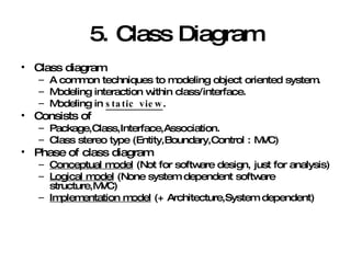 5. Class Diagram Class diagram A common techniques to modeling object oriented system. Modeling interaction within class/interface. Modeling in  static view . Consists of Package,Class,Interface,Association. Class stereo type (Entity,Boundary,Control : MVC) Phase of class diagram Conceptual model  (Not for software design, just for analysis) Logical model  (None system dependent software structure,MVC) Implementation model  (+ Architecture,System dependent) 