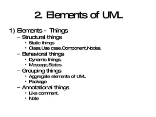 2. Elements of UML 1) Elements - Things Structural things Static things Class,Use case,Component,Nodes. Behavioral things Dynamic things. Message,States. Grouping things Aggregate elements of UML Package Annotational things Like comment. Note 