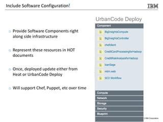 © 2013 IBM Corporation
Include Software Configuration!
UrbanCode Deploy
o Provide Software Components right
along side infrastructure
o Represent these resources in HOT
documents
o Once, deployed update either from
Heat or UrbanCode Deploy
o Will support Chef, Puppet, etc over time
 