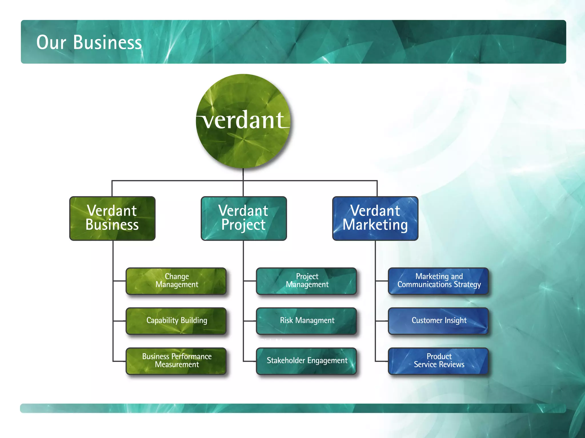 Our Business




     Verdant                           Verdant                     Verdant
     Business                          Project                    Marketing


                     Change                         Project                  Marketing and
                   Management                     Management             Communications Strategy



                 Capability Building             Risk Managment               Customer Insight

                                            Risk Managment
                Business Performance         Stakeholder Engagement               Product
                    Measurement                                               Service Reviews
 