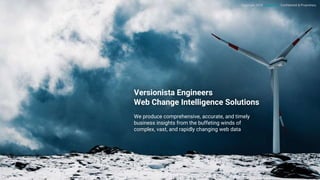 Versionista Engineers
Web Change Intelligence Solutions
We produce comprehensive, accurate, and timely
business insights from the buffeting winds of
complex, vast, and rapidly changing web data
Copyright 2019 Versionista. Confidential & Proprietary.
 