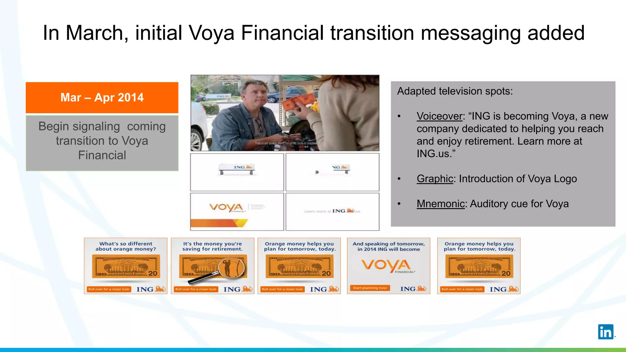 Mar – Apr 2014
In March, initial Voya Financial transition messaging added
Begin signaling coming
transition to Voya
Financial
Adapted television spots:
• Voiceover: “ING is becoming Voya, a new
company dedicated to helping you reach
and enjoy retirement. Learn more at
ING.us.”
• Graphic: Introduction of Voya Logo
• Mnemonic: Auditory cue for Voya
 
