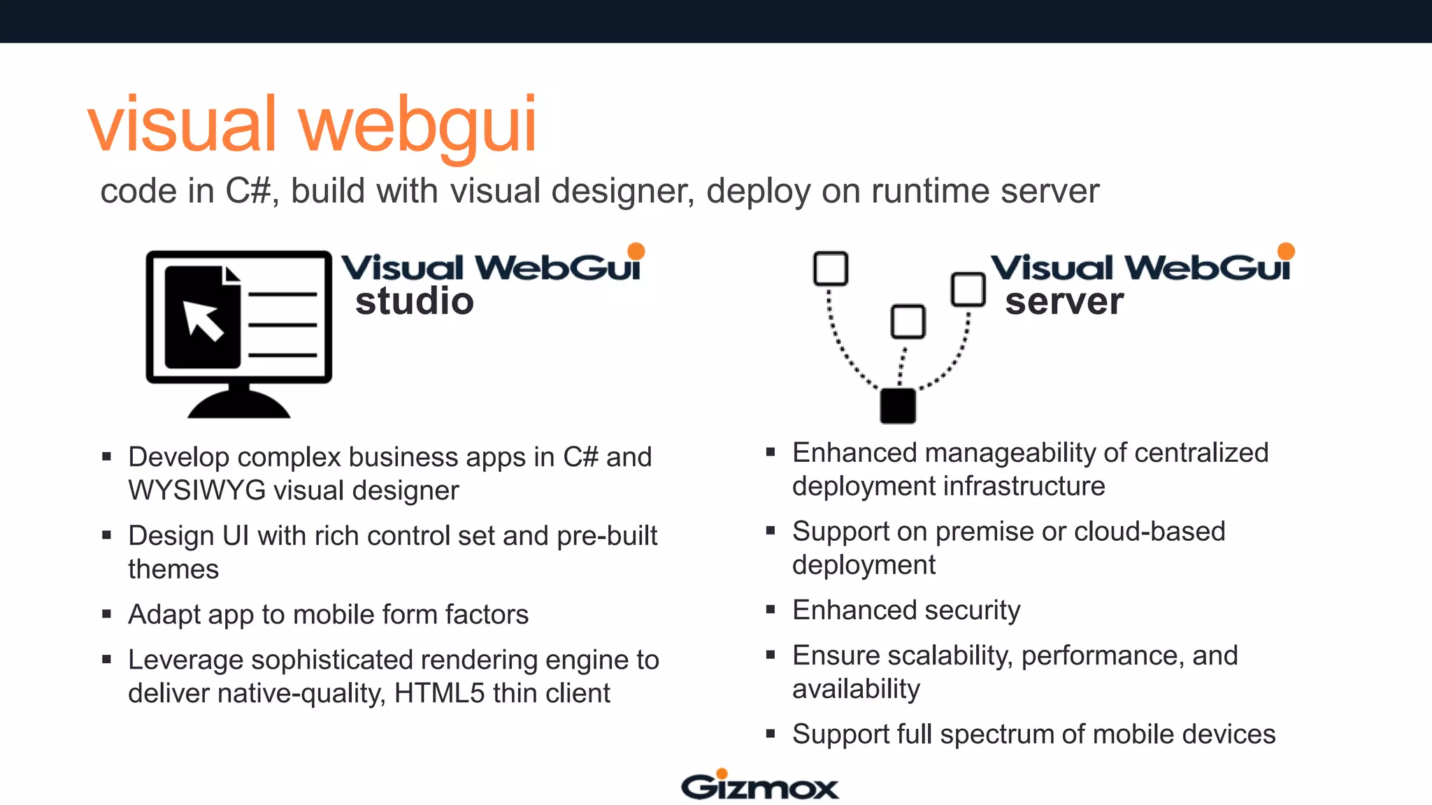 visual webgui
code in C#, build with visual designer, deploy on runtime server

studio

server

 Develop complex business apps in C# and
WYSIWYG visual designer

 Enhanced manageability of centralized
deployment infrastructure

 Design UI with rich control set and pre-built
themes

 Support on premise or cloud-based
deployment

 Adapt app to mobile form factors

 Enhanced security

 Leverage sophisticated rendering engine to
deliver native-quality, HTML5 thin client

 Ensure scalability, performance, and
availability

 Support full spectrum of mobile devices

 