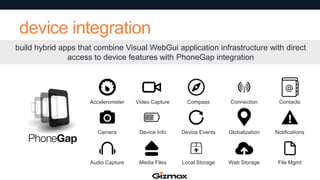 device integration
build hybrid apps that combine Visual WebGui application infrastructure with direct
access to device features with PhoneGap integration

Accelerometer

Video Capture

Compass

Connection

Contacts

Camera

Device Info

Device Events

Globalization

Notifications

Audio Capture

Media Files

Local Storage

Web Storage

File Mgmt

 