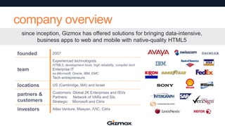 company overview
since inception, Gizmox has offered solutions for bringing data-intensive,
business apps to web and mobile with native-quality HTML5
founded

2007
Experienced technologists
HTML5, development tools, high reliability, compiler tech

team

Enterprise IT
ex-Microsoft, Oracle, IBM, EMC

Tech entrepreneurs

locations

US (Cambridge, MA) and Israel

partners &
customers

Customers: Global 2K Enterprises and ISVs
Partners: Network of VARs and SIs.
Strategic: Microsoft and Citrix

investors

Atlas Venture, Maayan, IVIC, Citrix

 
