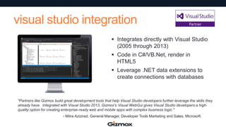 visual studio integration
 Integrates directly with Visual Studio
(2005 through 2013)
 Code in C#/VB.Net, render in
HTML5
 Leverage .NET data extensions to
create connections with databases

"Partners like Gizmox build great development tools that help Visual Studio developers further leverage the skills they
already have. Integrated with Visual Studio 2013, Gizmox's Visual WebGui gives Visual Studio developers a highquality option for creating enterprise-ready web and mobile apps with complex business logic."
- Mitra Azizirad, General Manager, Developer Tools Marketing and Sales, Microsoft.

 