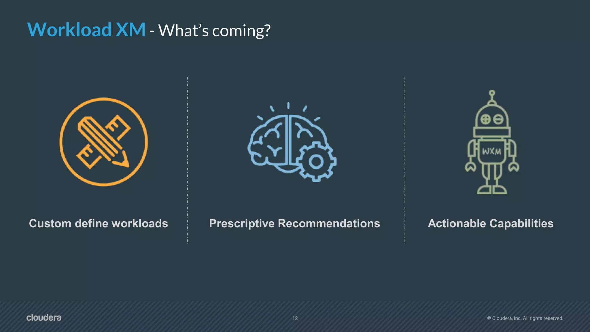 12 © Cloudera, Inc. All rights reserved.
Workload XM - What’s coming?
Custom define workloads Prescriptive Recommendations Actionable Capabilities
 